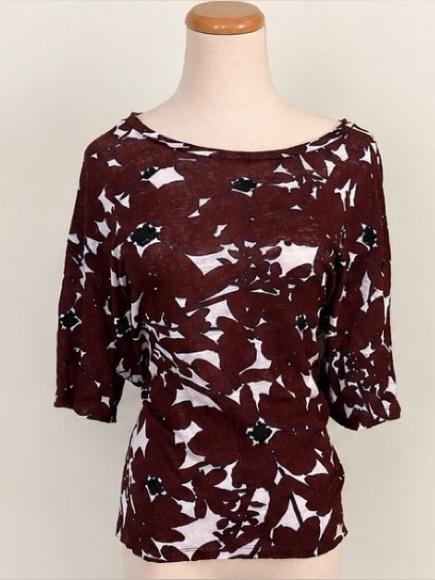 [Majestic Paris] Burgundy Abstract Print 100% Linen Top Size Medium